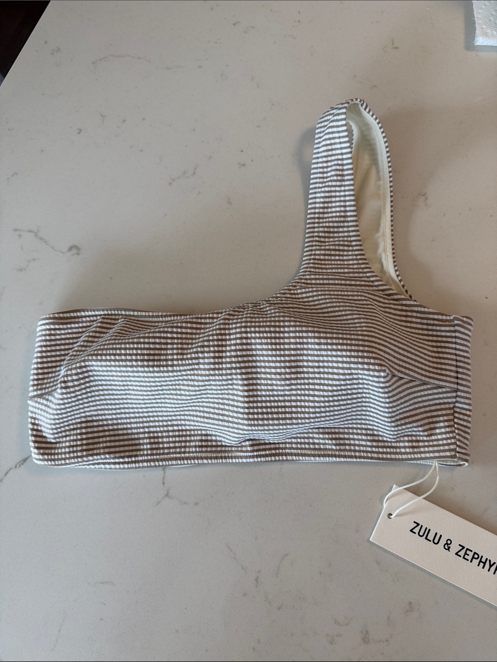 Zulu & Zephyr Cocoa Stripe One Shoulder Swim Top *SMALL DAMAGED